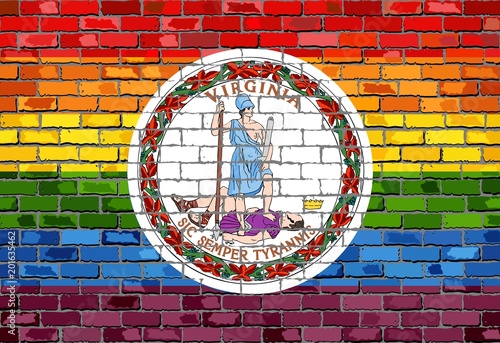 Brick Wall Virginia and Gay flags - Illustration,
Rainbow flag on brick textured background, 
Abstract grunge Virginia Flag and LGBT flag