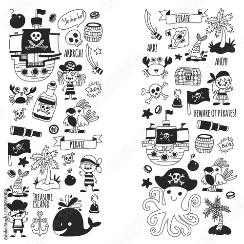 Pirate adventures. Vector icons for kids party. Boys and girls, small kindergarten children. Ship, parrots, treasure chest, octopus, crab Travel exploration