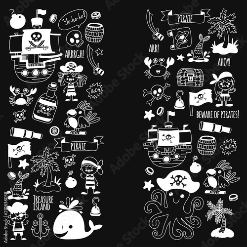 Pirate adventures. Vector icons for kids party. Boys and girls, small kindergarten children. Ship, parrots, treasure chest, octopus, crab Travel exploration