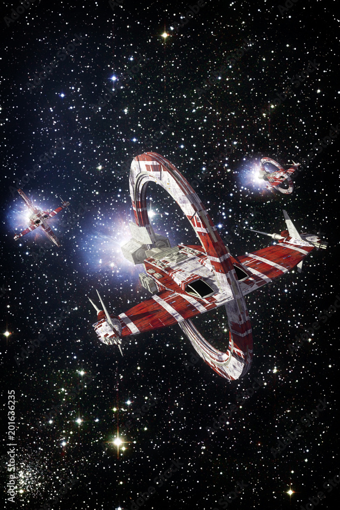 Naklejka premium Spaceship fighter and starfield background