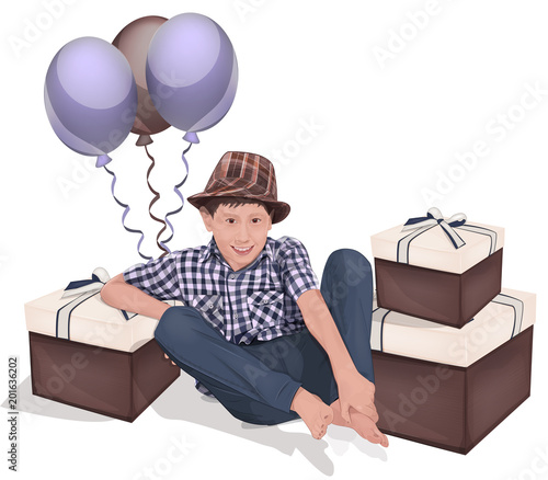 The boy is wearing a hat. A boy in a plaid shirt. The boy is sitting. Happy Birthday.greeting card