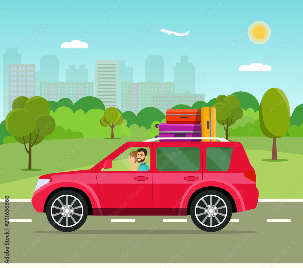Suitcase, bags and other luggage in the  car. Vector flat style illustration