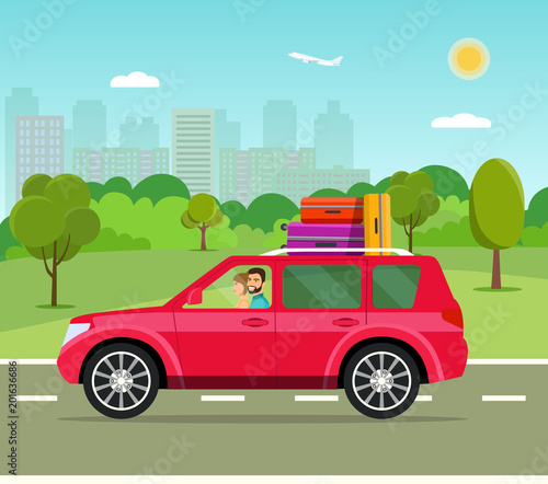 Suitcase, bags and other luggage in the  car. Vector flat style illustration