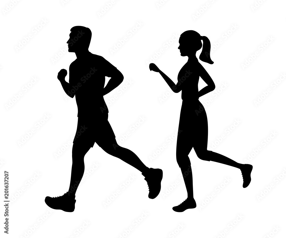 Silhouettes of running people. There are black silhouettes of the man and the woman in the picture. Vector illustration.