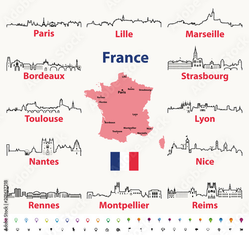 France cities skylines vector outline icons