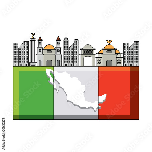 flag of mexico with iconic mexican building icon over white background, colorful design. vector illustration