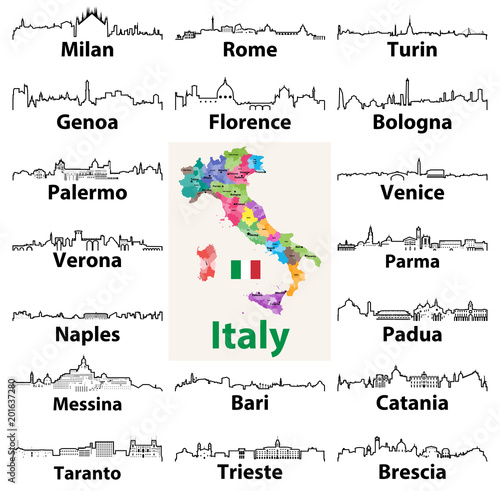 vector outline icons of Italian cities skylines with map and flag of Italy