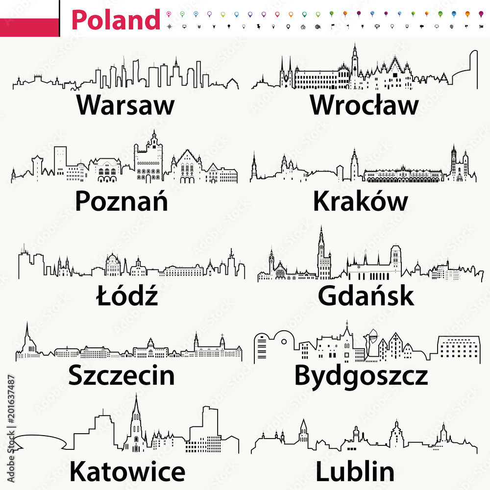 Obraz premium vector outline icons of Poland cities skylines