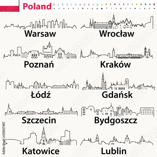 vector outline icons of Poland cities skylines