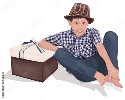 The boy is wearing a hat. A boy in a plaid shirt. The boy is sitting. Happy Birthday.