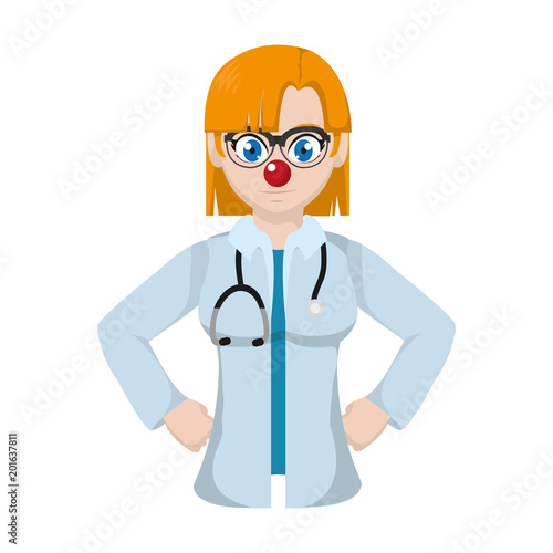 woman doctor with clown nose and hairstyle