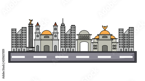 road with mexican buildings over white background, colorful design. vector illustration