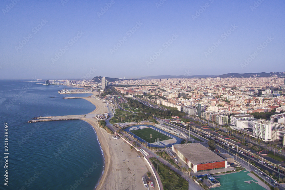 The city of Barcelona and the beaches .Aerial view.
