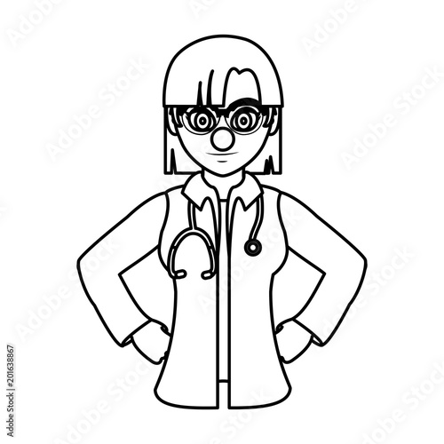 line woman doctor with clown nose and hairstyle
