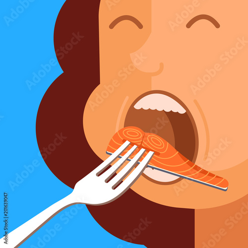 Hungry woman character put red salmon fish on fork in open mouth. Eating habit meal close up concept. Vector flat cartoon design graphic isolated illustration