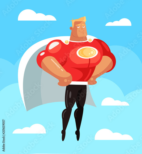 Strong smiling superhero man character fly sky. Protection comic book super hero concept. Vector flat cartoon design graphic isolated illustration