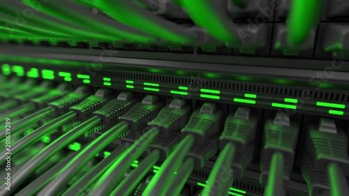 Close-up view of modern internet network switch with plugged ethernet cables. Blinking green lights on internet server.  4k 3d rendering endless loop.