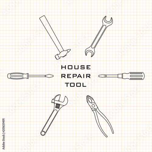 Tool for home repair on the background of the blueprint. Hammer, screwdriver, wrench, pliers. EPS10.
