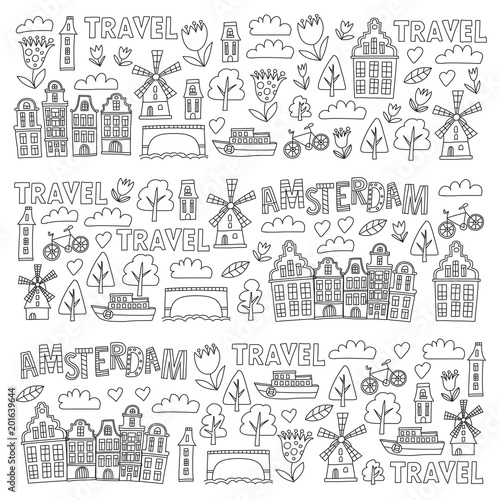 Vector pattern with Amsterdam city House, architecture, mill, tulip. Holland doodle icon