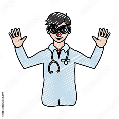 doodle man doctor with clown nose and uniform