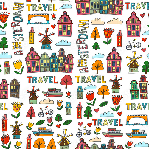 Vector pattern with Amsterdam city House, architecture, mill, tulip. Holland doodle icon