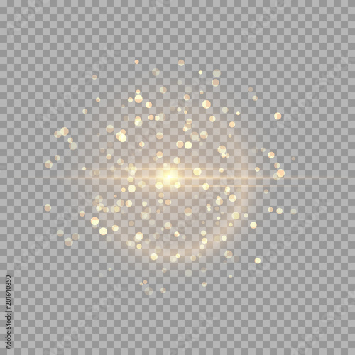 A bright flash with golden sparks on a transparent background. Vector illustration with colorful light effect