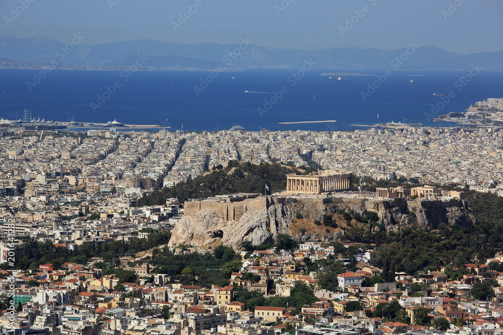 aerial view of Athens with Acropolis hill and Pathenon, Greece
