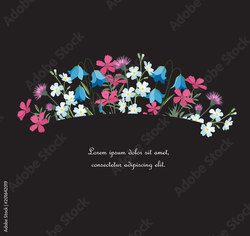 Vector illustration of colorful flowers. Summer floral decorations on a dark background. Set of greeting cards