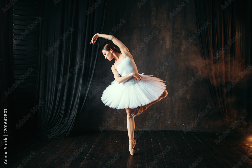 Naklejka premium Graceful ballerina dancing on theatrical stage