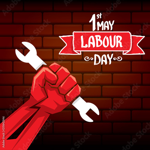 1 may - happy labour day. vector happy labour day poster or banner with clenched fist. workers day poster. labour day label