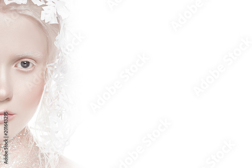 A very delicate portrait of an albino girl, a white background, snowflakes in her hair, sparkles, a magical winter image. Natural make-up, pink lipstick on lips. photo