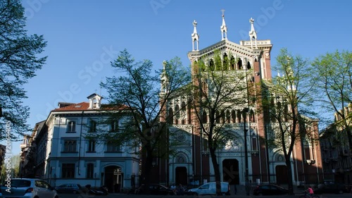 Turin, Italy, Piedmont 21 April 2018. The facade of the Church of Jesus Nazareno, taken in time laps from the square in front of the late afternoon. It has always been run by the Doctrinaire Fathers photo