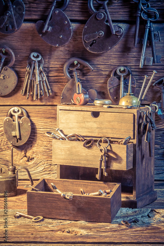 Closeup of tools, locks and keys in locksmiths workshop