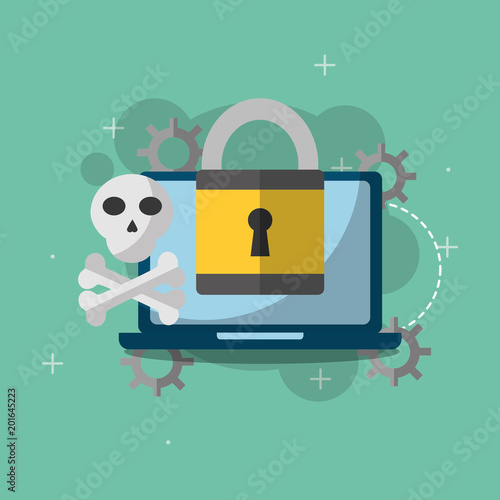 laptop computer locked skull bones danger error cyber security vector illustration