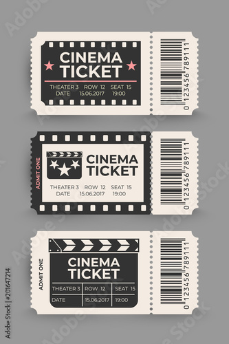 Cinema ticket set isolated on gray background. Vector illustration.