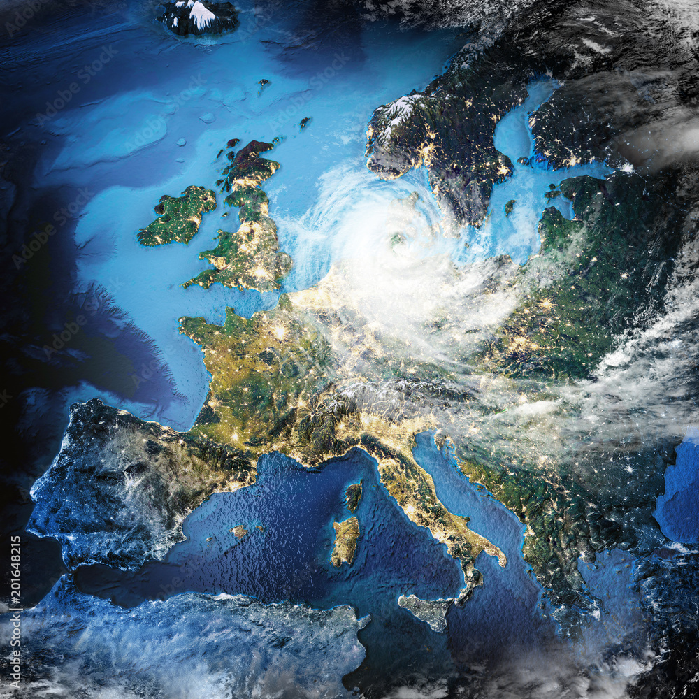 Naklejka premium Cyklon pogoda w Europie. Renderowanie 3D