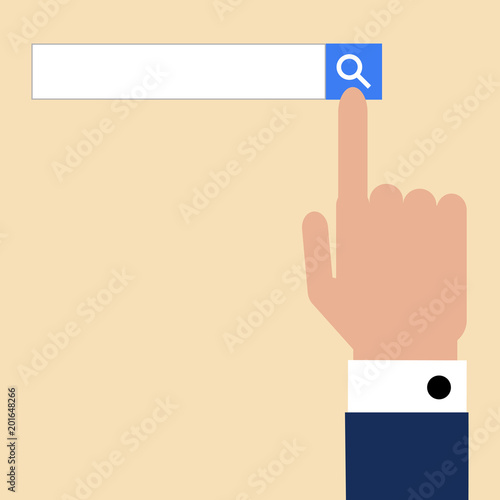 Businessman uses the application search bar. Businessman click search button. Finger touching search button. Searching concept. Vector illustration