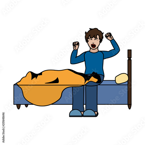 color man walking up and yawning in the bed