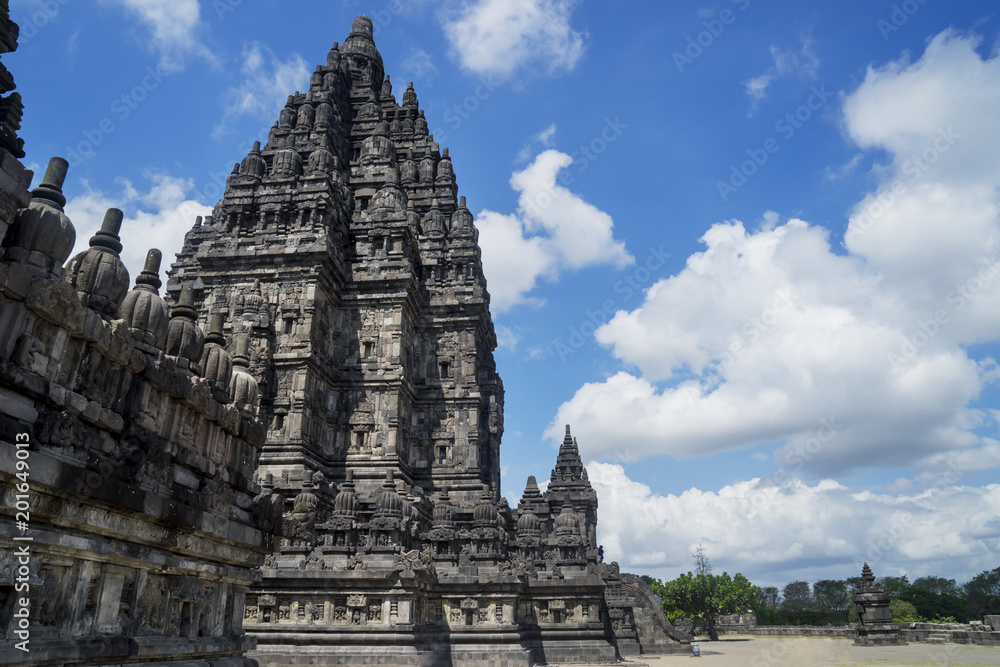 Beautiful Prambanan temple building with sculptures