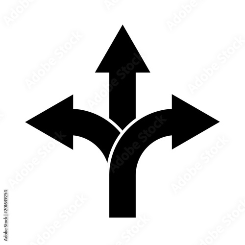 Three-way direction arrow sign, road direction icon. Vector illustration
