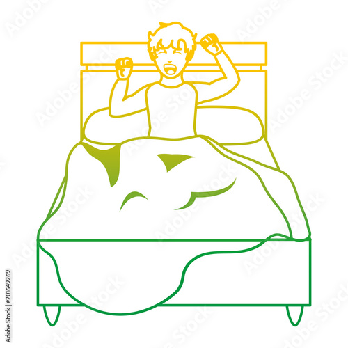 degraded line man in the bed wakuing up with pijama design
