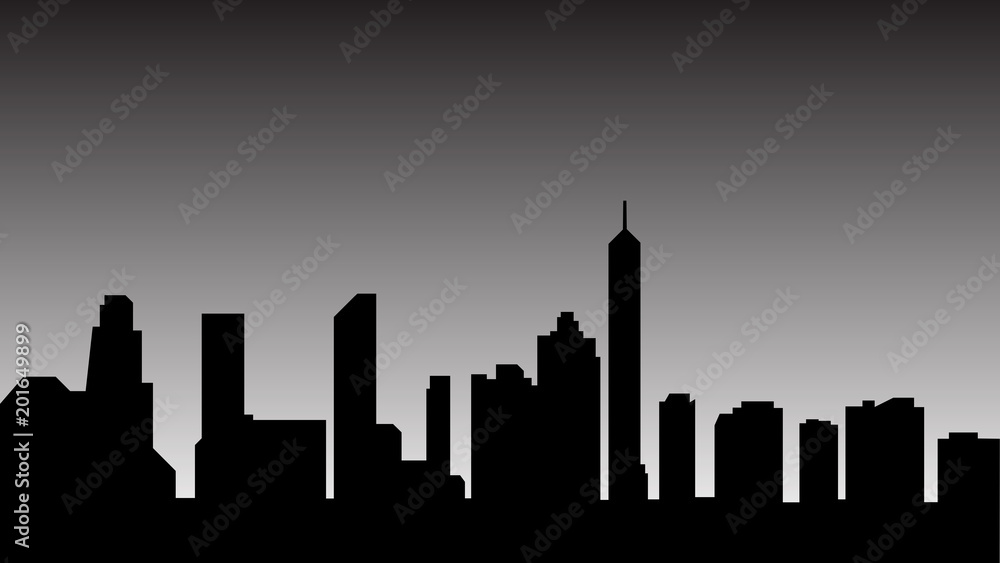 Simple, abstract, grey-scale cityscape illustration (flat). City silhouette illustration