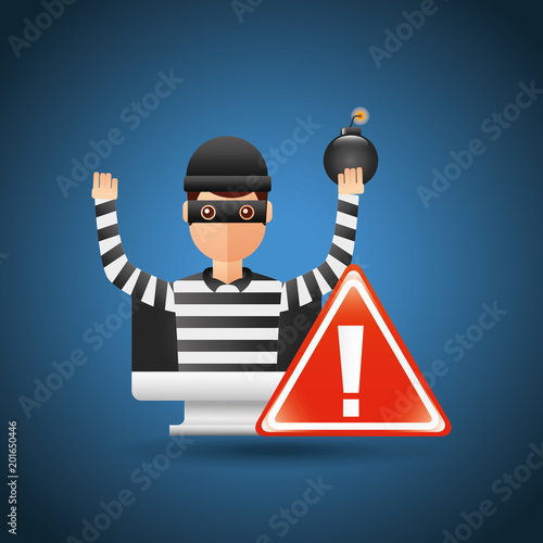 cyber security thief holding bomb computer warning alert virus attack vector illustration photo