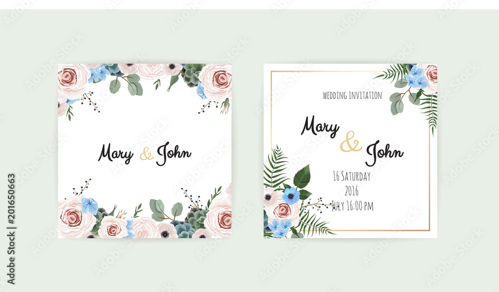 Wedding set with invitations. Vector set of vintage floral wedding invitation templates