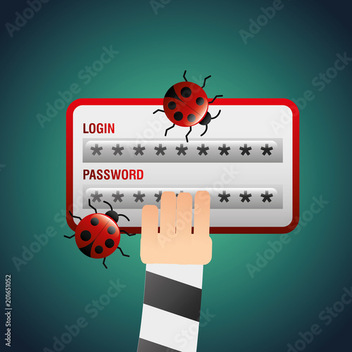 thief hand typing login password bugs attack vector illustration