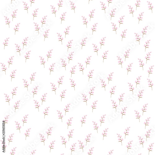 Tender seamless pattern with pink bell flowers on white background. Floral print for fabric, textile, wrapping paper. Vector illustration.