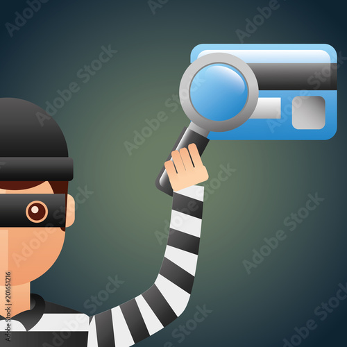 cyber security thief with searching credit card bank money vector illustration