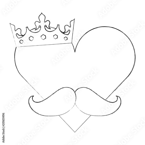 hipster heart in love mustache and crown vector illustration sketch