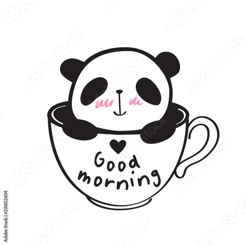 Fototapeta Naklejka Na Ścianę i Meble -  Good morning. Little cute panda in a cup with heart. Vector illustration.