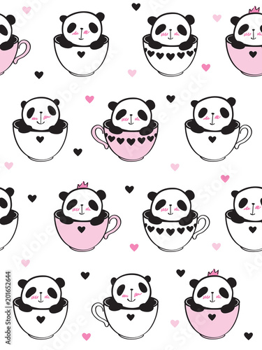 Fototapeta Naklejka Na Ścianę i Meble -  Seamless pattern with cute pandas in a cups for kids textile, wallpapers, gift wrap. White background. Vector illustration.